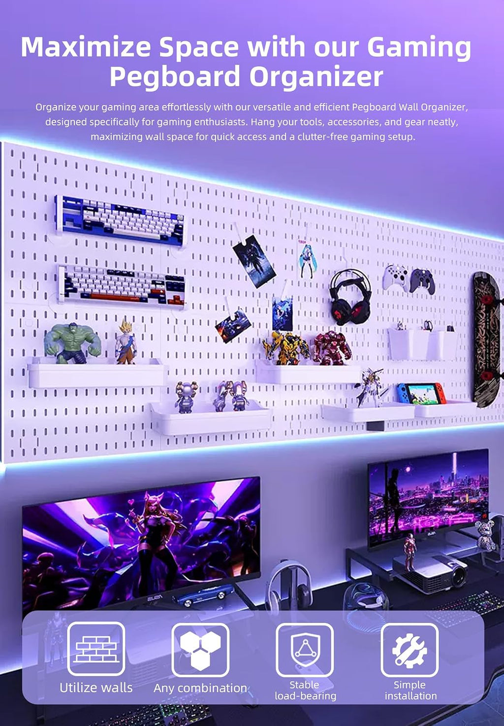 Pegboard Wall Organizer Kit, Modular Storage System, Black