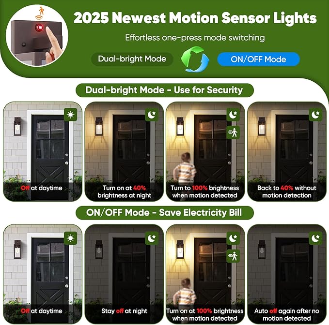 2-Pack Upgraded Motion Sensor Outdoor Wall Lights, 13” Dusk to Dawn Porch