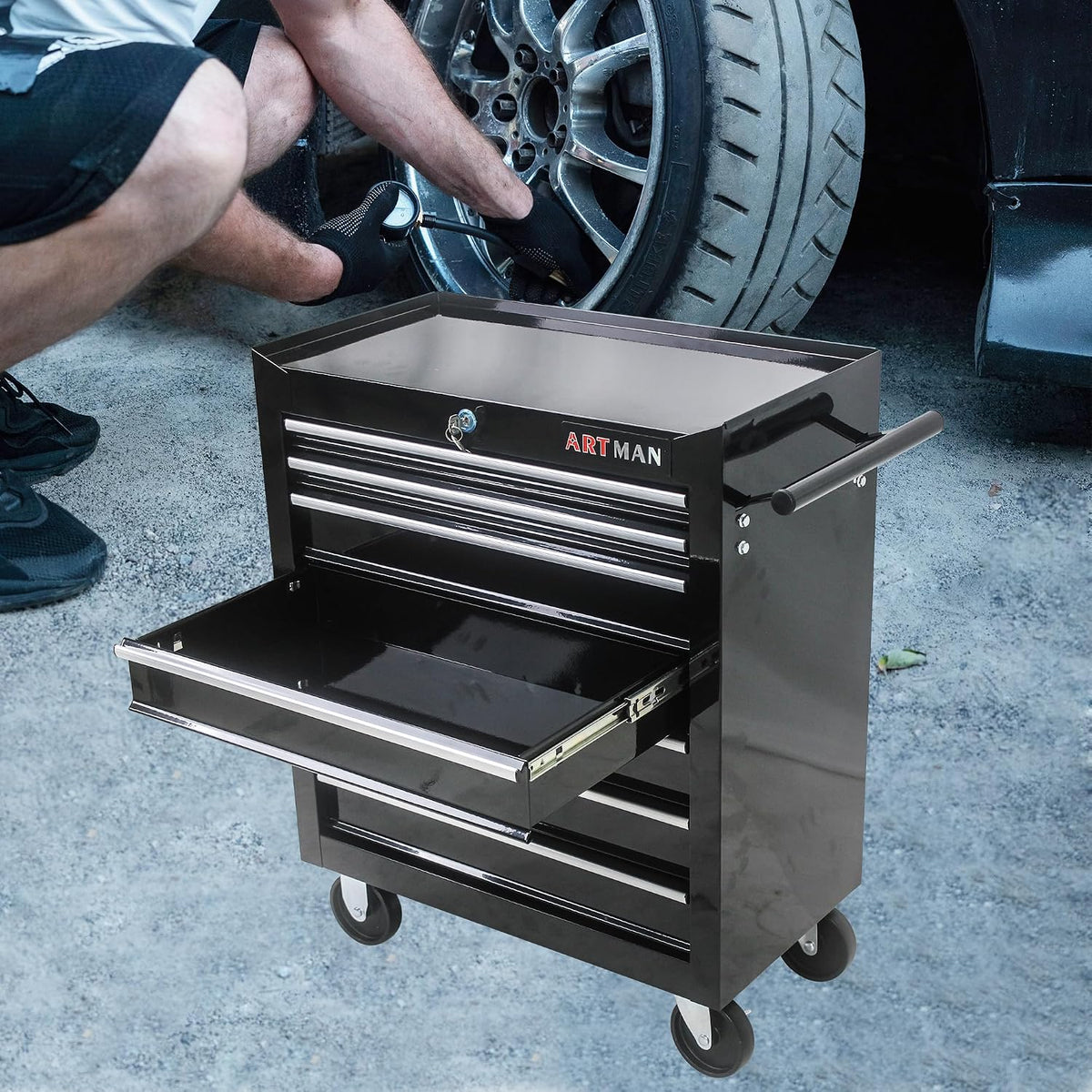 tool chest with 7-drawer tool box organizers and shown in use