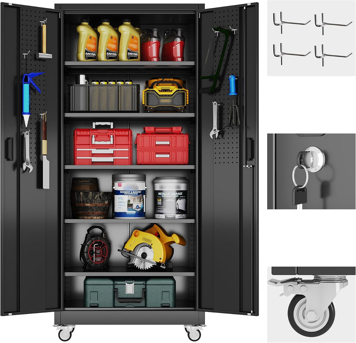 Reemoon 5 Adjustable 170 lb Shelves, Lockable Doors, Door pegboard and 4 Removable casters for Garage, Utility Storage.