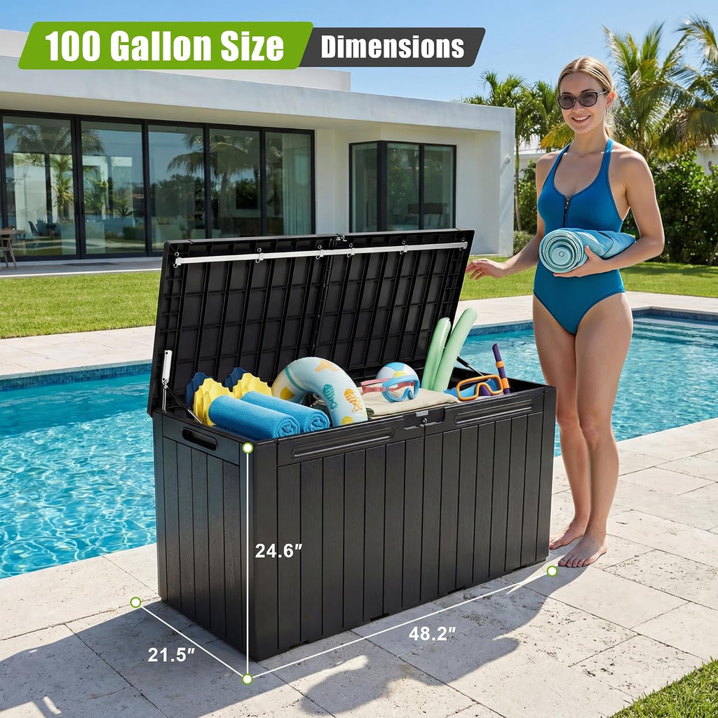 flamaker resin deck box 100 gallon large outdoor shown in use