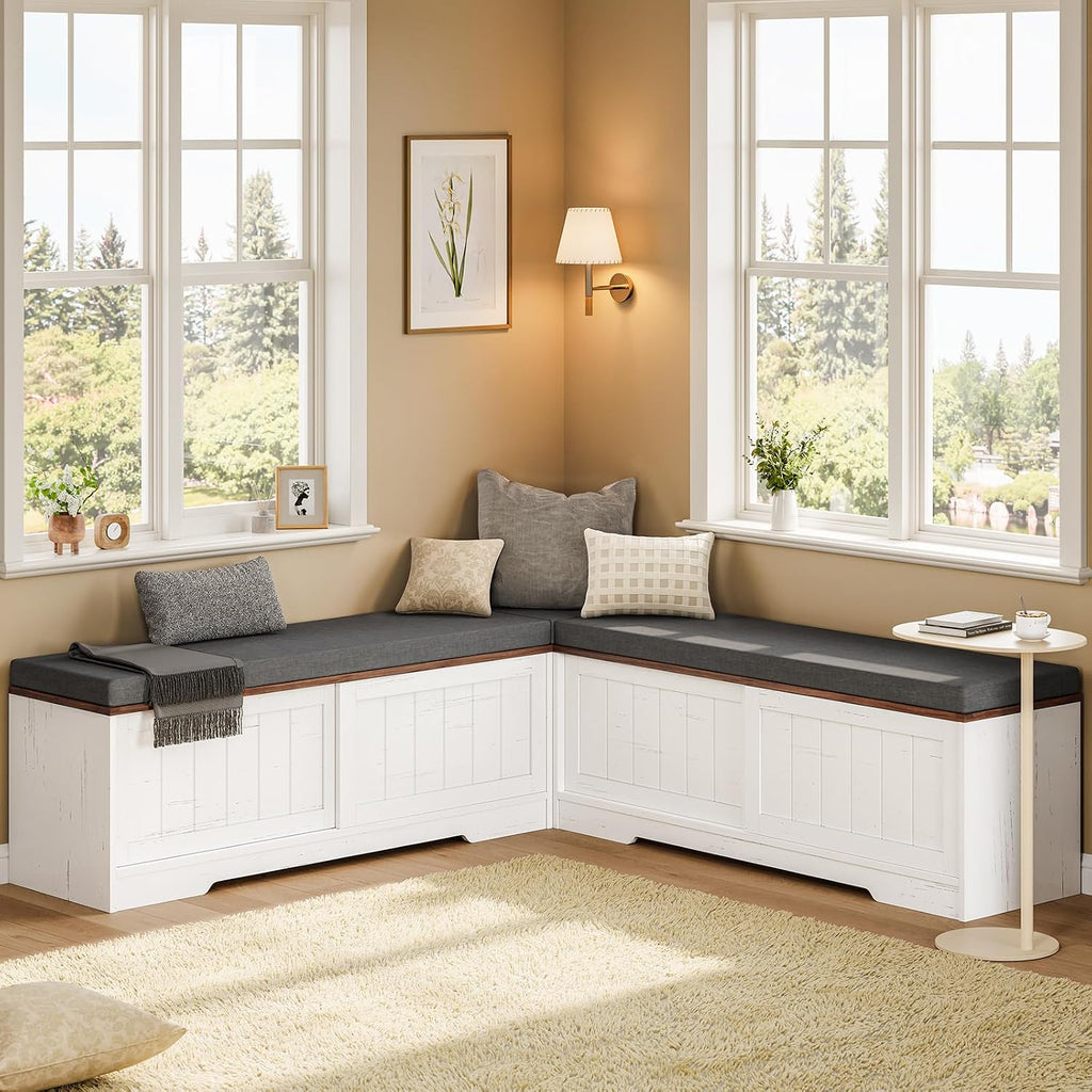 UPOSOJA Farmhouse L Shaped Breakfast Nook Bench, White-Brown