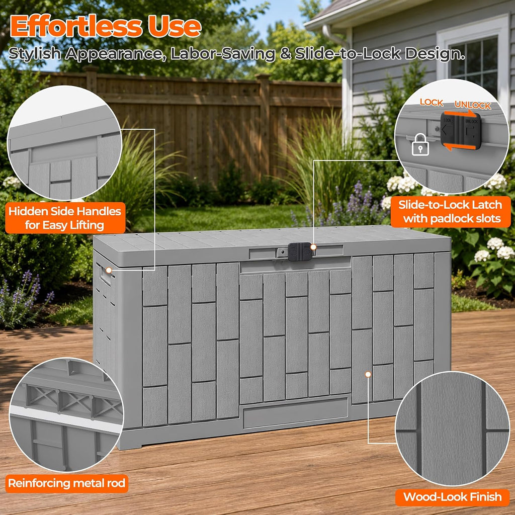 outdoor storage box, 60 gallon waterproof resin patio, side view