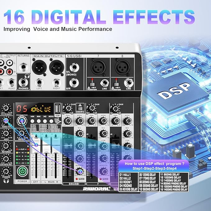 8 Channel Audio Mixer DJ Mixer Sound Board Console 16 Dsp USB Audio Interface