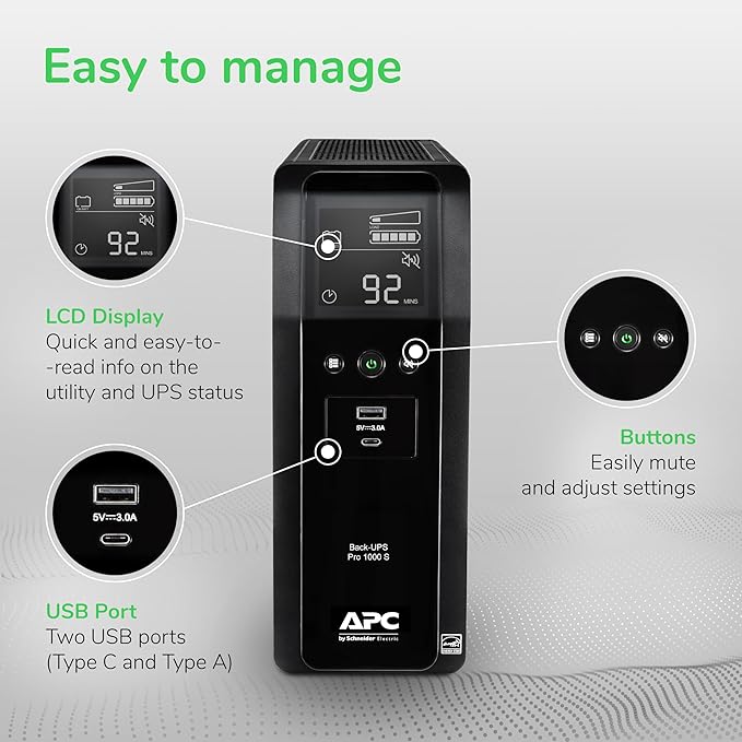 APC UPS Back-UPS Pro, 1000VA Sinewave UPS Battery Backup & Surge Protector