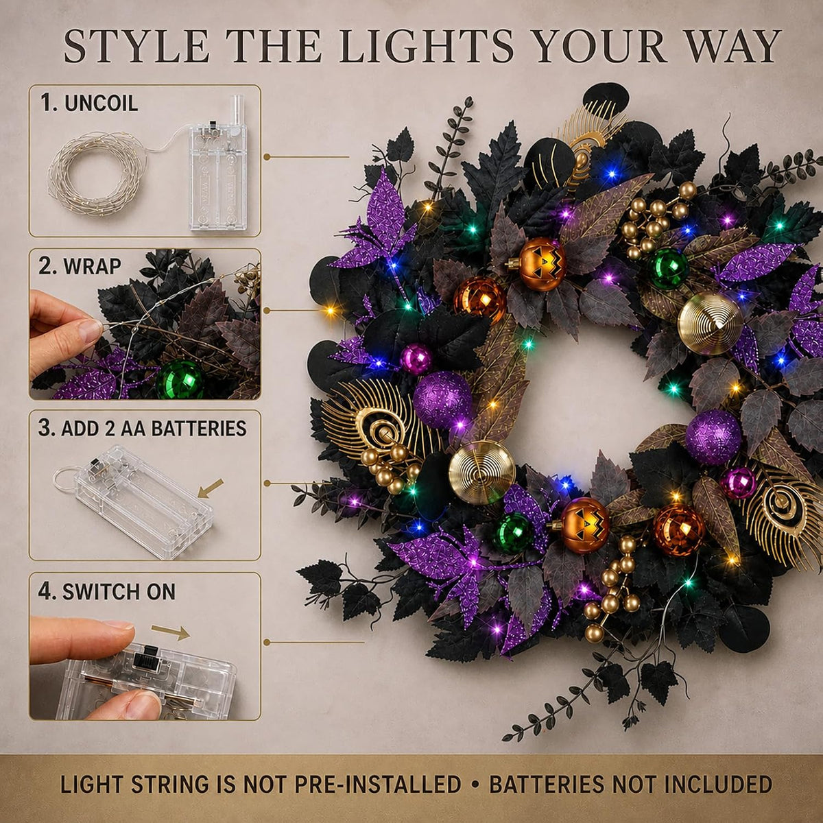 22-Inch Black and Purple Halloween Wreath for Front Door with Light String