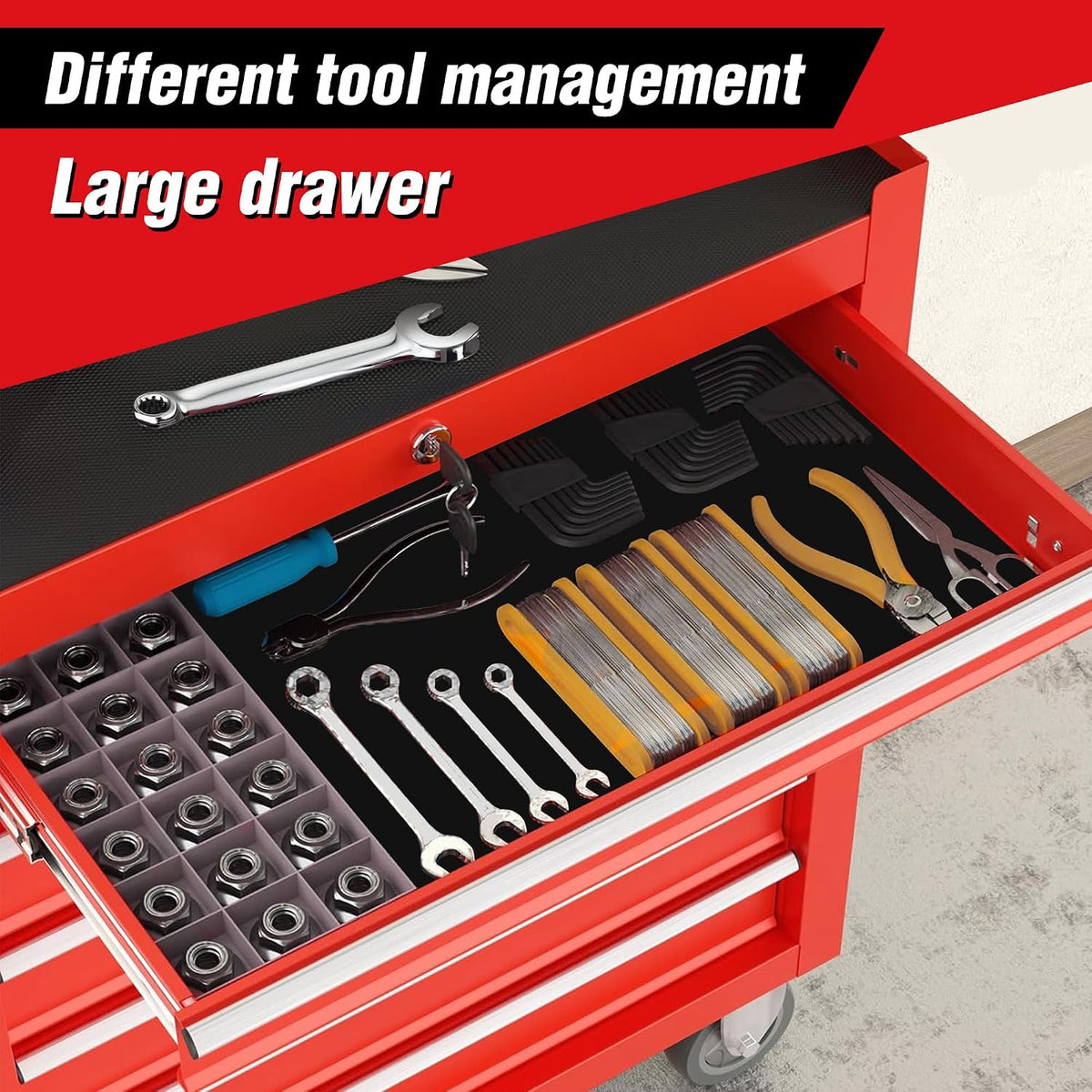 7-drawer lockable rolling tool chest, black, package contents