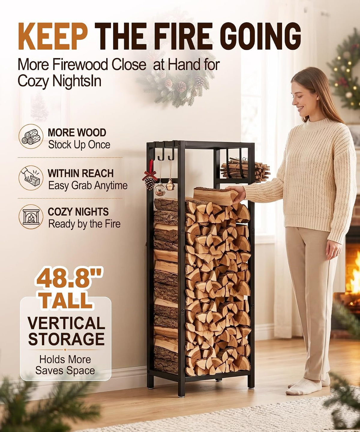 48.8in firewood rack indoor outdoor with hooks – showing dimensions
