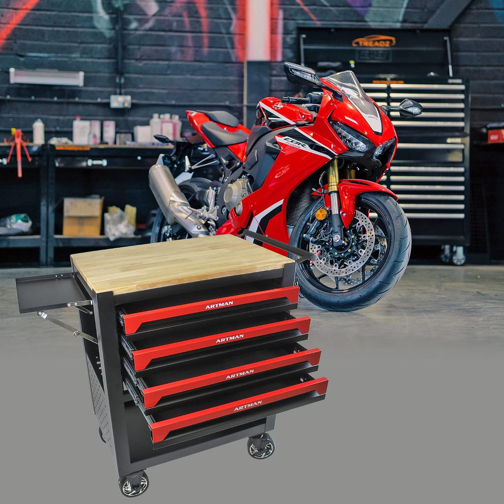lockable 4-drawer rolling tool chest with wooden top shown in use