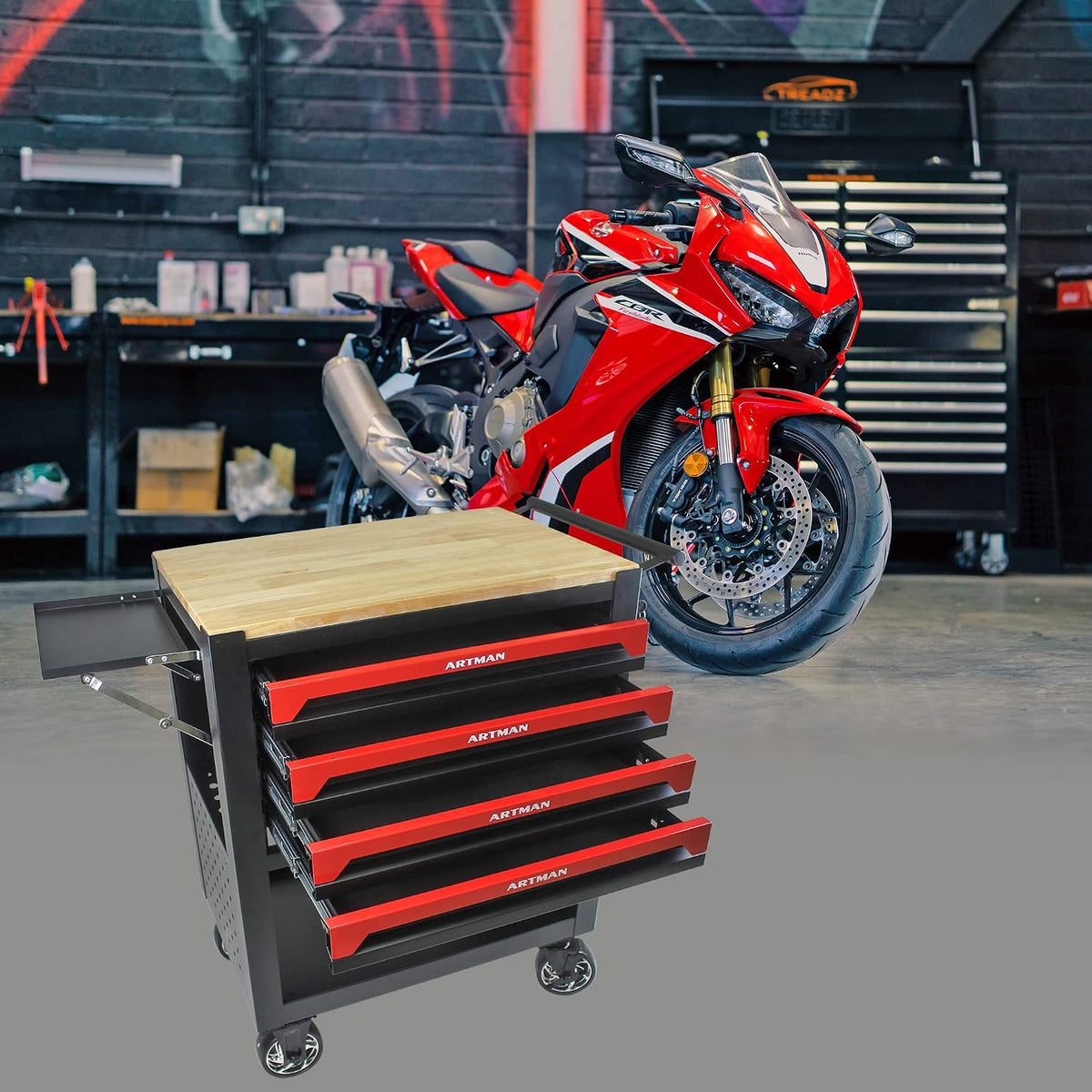 lockable 4-drawer rolling tool chest with wooden top shown in use