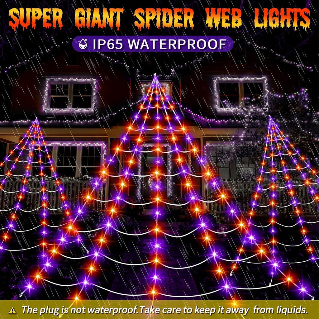 Halloween Decorations Outdoor, 200 LED Halloween Giant Spider Web Lights, 16.4Ft Lighted Spider Web Light up for Yard Haunted House Decor,Purple Orange