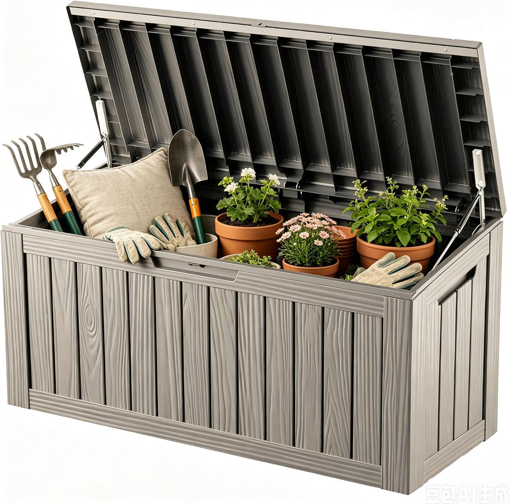 Outdoor Storage Box Resin Deck Box Waterproof Gray Brown 98 Gallon