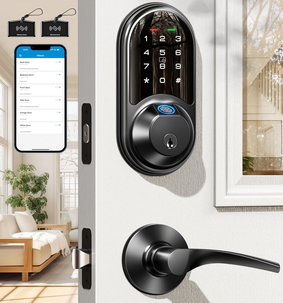 Veise RZ07B Fingerprint Smart Lock with 2 Lever Handle Set, Matte Black