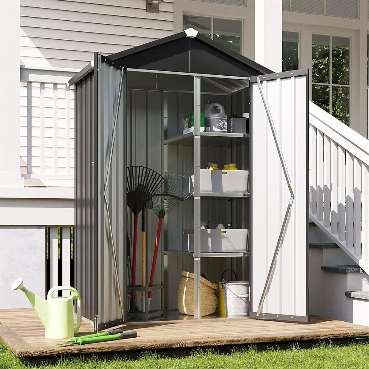 Aoxun Vertical Outdoor Storage Cabinet 3.5’x2’ with Floor & Shelves Black