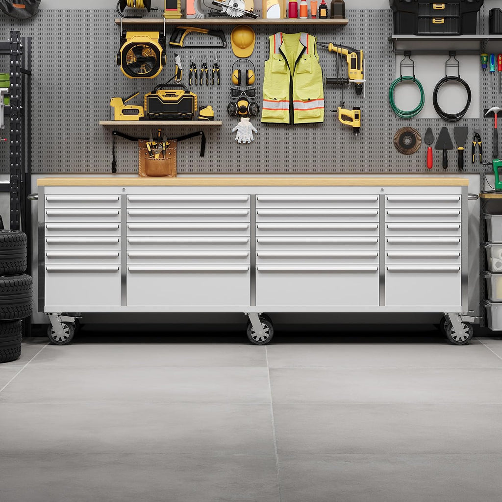 96 Inch Tool Chest, Rolling Tool Cabinet with 24 Drawers, Locking Mobile Storage, Stainless Steel, Large Capacity for Garage, Workshop and Repair Shop