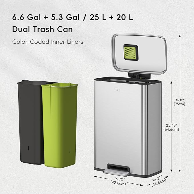 EKO Madison Brushed Stainless 25L+20L Dual Compartment Step Trash Can