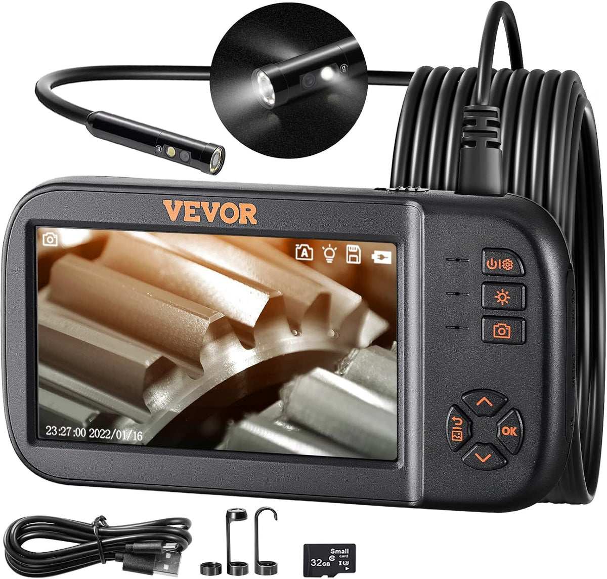 VEVOR Triple Lens Endoscope Camera, 4.5" IPS Screen Borescope Inspection Camera with 1080P Lens, 10 Adjustable Light, 2860 mAh Battery, Waterproof & Oilproof Endoscope for Auto, Wall, Drain Inspection