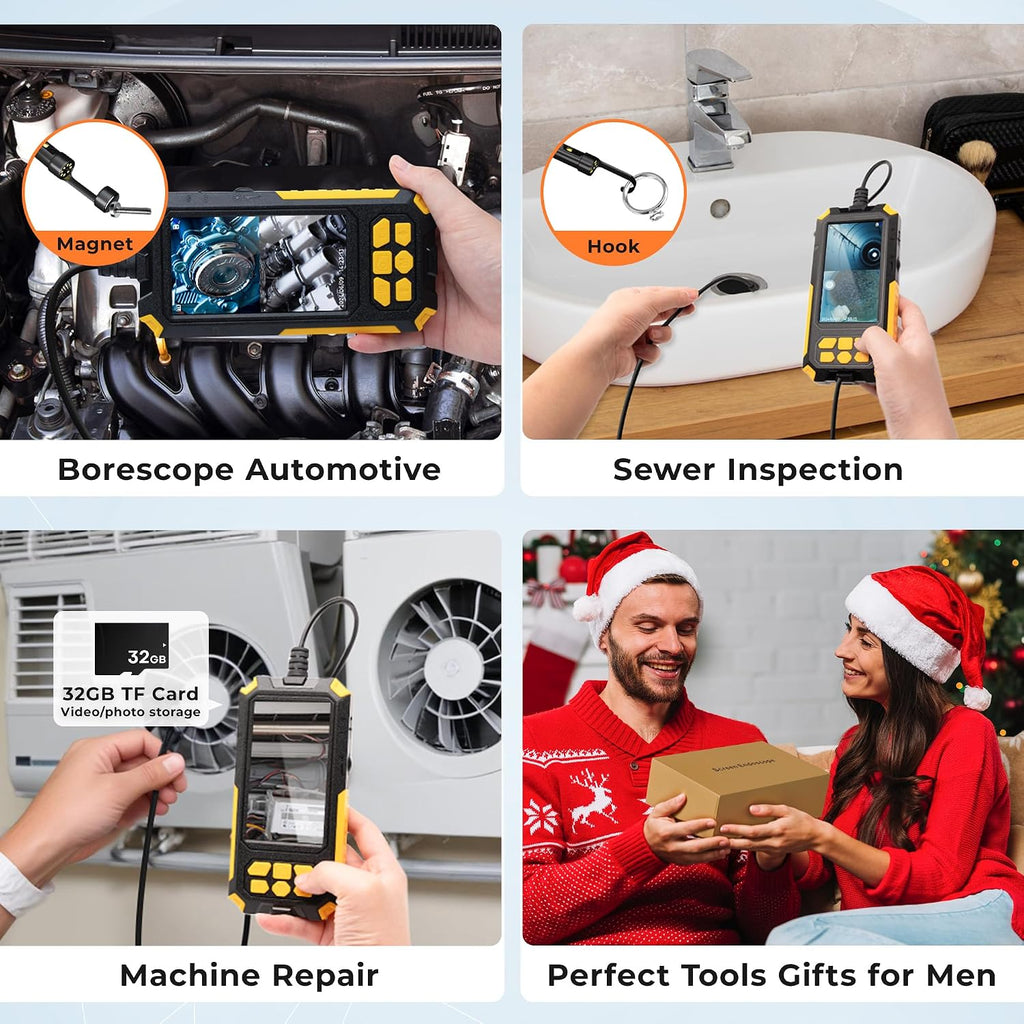 Triple-Lens Endoscope Camera with Light, Tool Mens Gifts for Fathers, Dad, Husbands, 1080P Borescope with 32GB Card, IP68 & 4.5" Sewer Inspection Camera with 16.5FT Semi-Rigid Cable