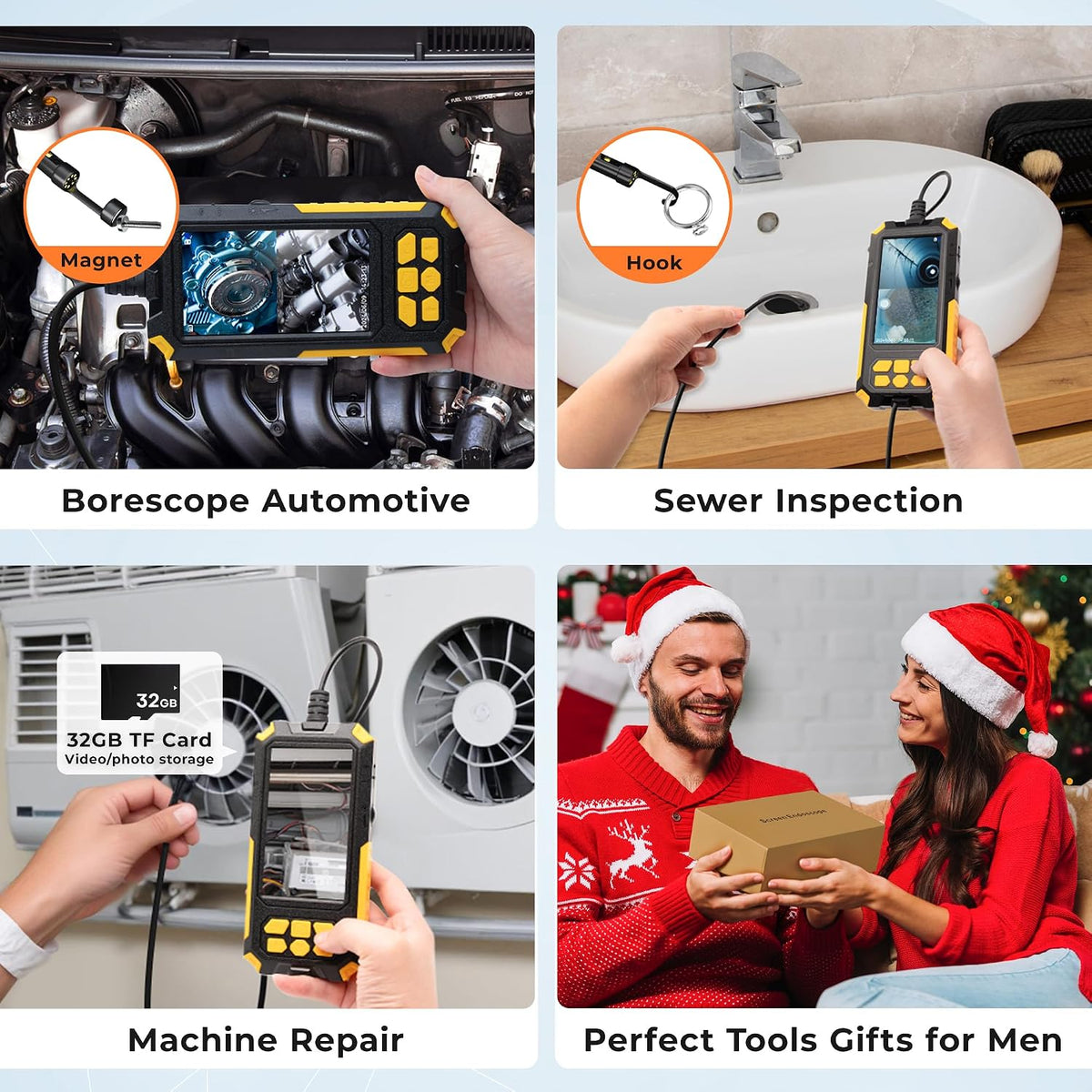Triple-Lens Endoscope Camera with Light, Tool Mens Gifts for Fathers, Dad, Husbands, 1080P Borescope with 32GB Card, IP68 & 4.5" Sewer Inspection Camera with 16.5FT Semi-Rigid Cable