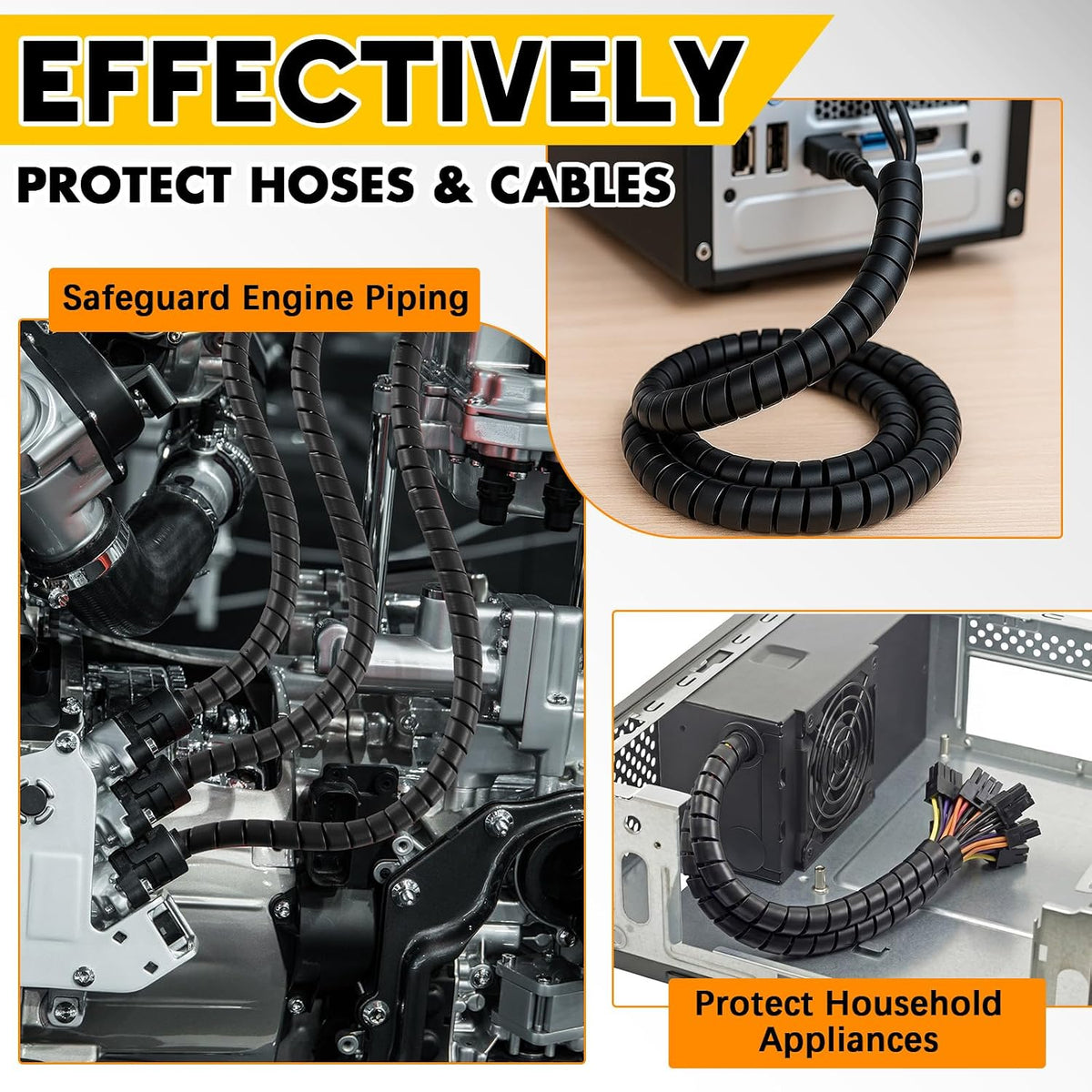 3 Pcs Spiral Wrap Cable Protector, Safe 1/4''+1/2''+3/8'' Od x 25' Pre Cut Lengths Hydraulic Hose Protector Wrap to Avoid Wear and Extend Life for Hydraulic Pneumatic Hoses(Black)