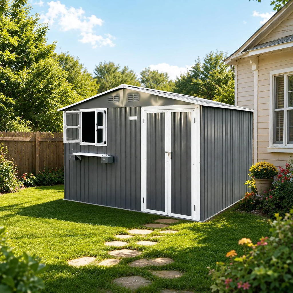 10x8 FT Outdoor Storage Shed with 2 Clear Windows, Metal Garden Shed with Flower Racks & Baskets, Outside Tool Shed with Lockable Double Doors, Waterproof Storage Building for Backyard, Gray