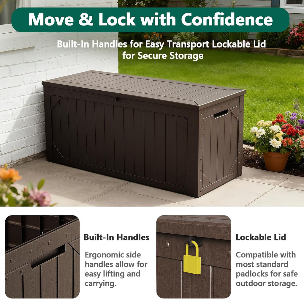 100 gallon outdoor storage box, waterproof resin deck showing dimensions