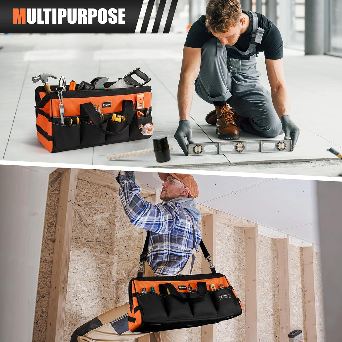 UUP Tool Bag ExtraLarge 20", Heavy Duty Spacious Tool Box Organizer, Orange | 16 Pockets & MOLLE. Detachable Strap & Handle. Non-slip Base, Metal Buckle. 30lb Holds Tools on Truck, Garage, Men Gift.