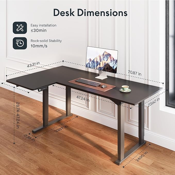 SANODESK 4-Leg L Shaped Standing Desk, Electric Height Adjustable Desk