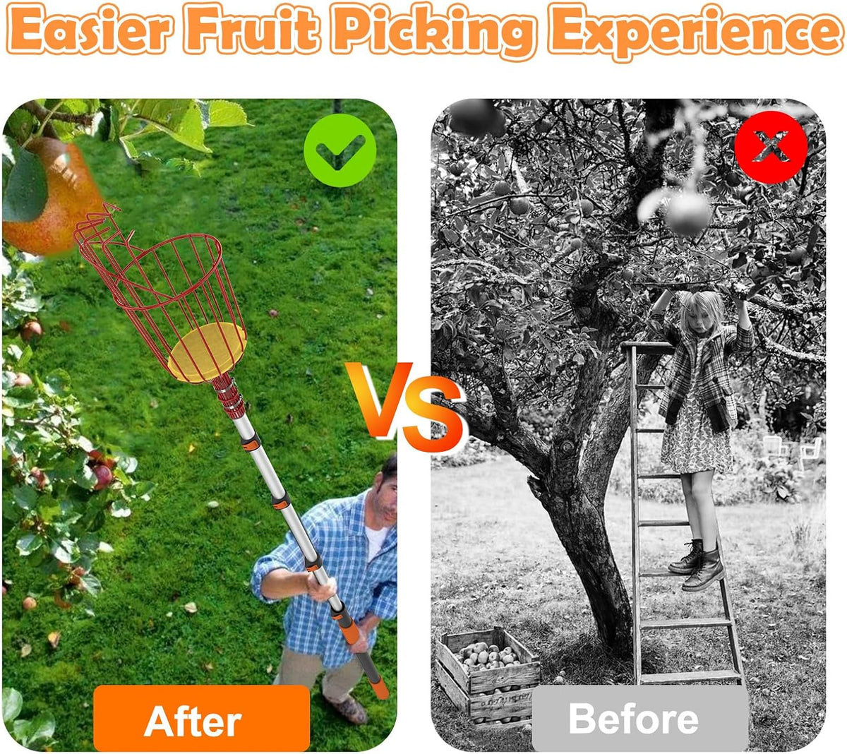 SISIUPASSIE 26FT Reach Fruit Picker, Apple Picker Pole with Basket Telescoping Tool for Apple Lemon Orange Mango Avocado Fruit Tree Picking
