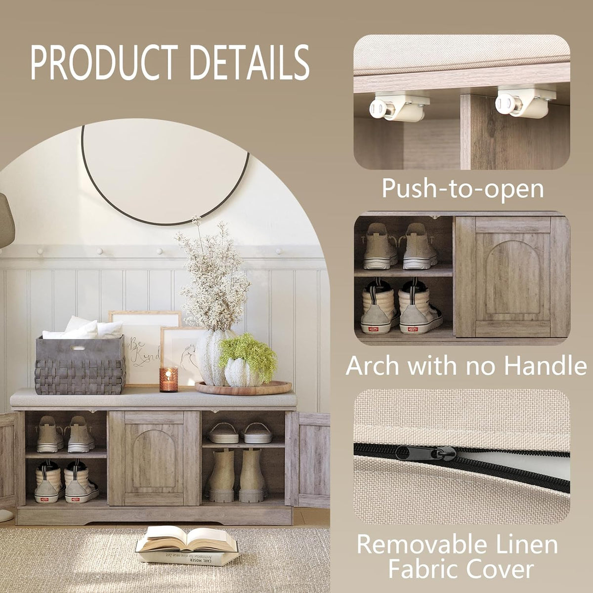 DINZI LVJ Shoe Storage Bench with Cushion, Door, Greige 39.4" LX17.7 H