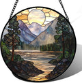 AMDERVEN Stained Glass Window Hanging, Sunset Mountains Lake Tree Sun Catcher