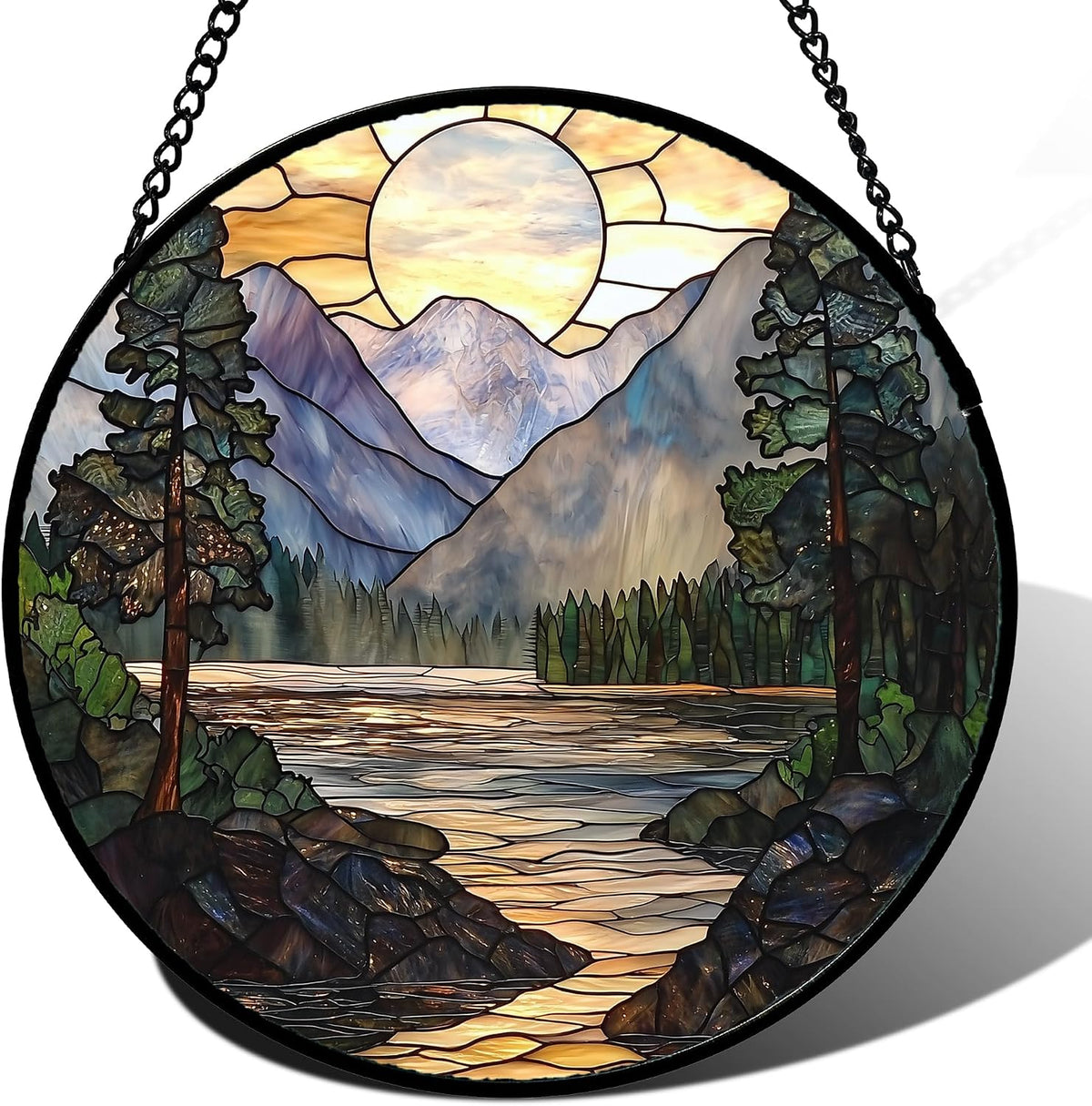AMDERVEN Stained Glass Window Hanging, Sunset Mountains Lake Tree Sun Catcher
