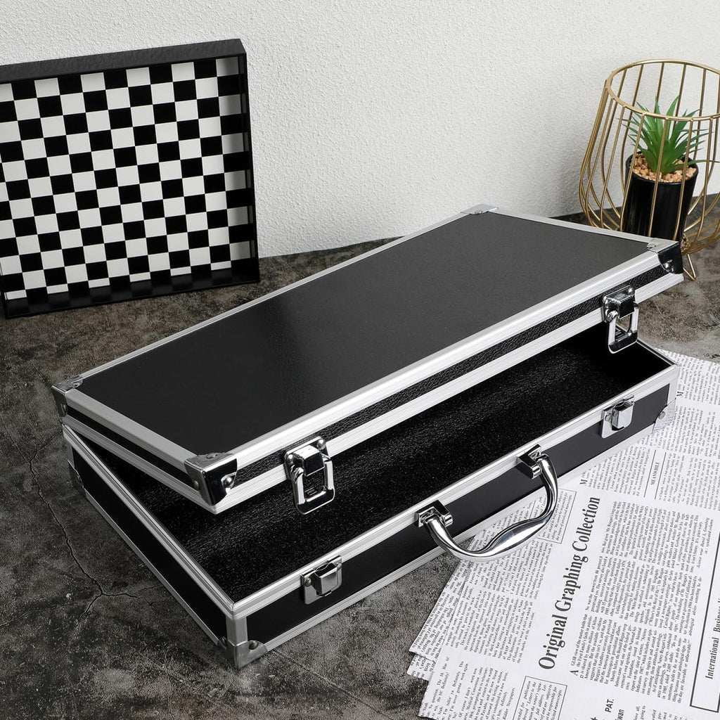 black aluminum briefcase with latch, metal hard case, close-up detail
