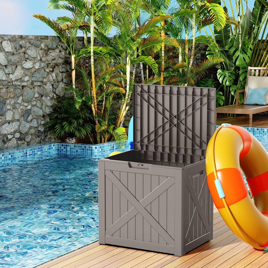 32 gallon waterproof resin deck box, uv resistant, side view