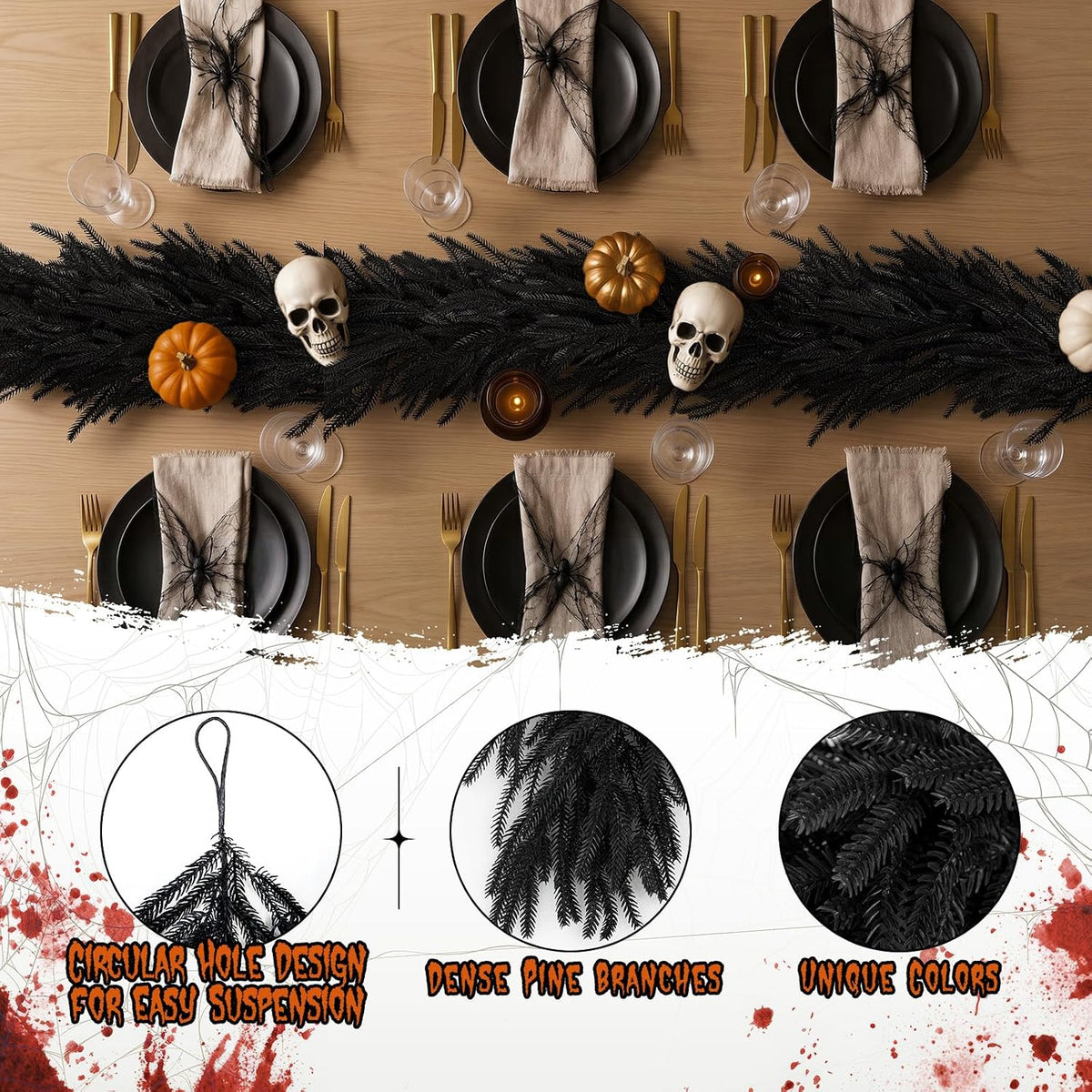 N&T NIETING 9FT Black Garland Artificial Norfolk Pine Garland Real Touch Halloween Garlands Faux Garland for Table Mantle Holiday Fireplace Indoor Outdoor Christmas Gothic Stairs Decorations
