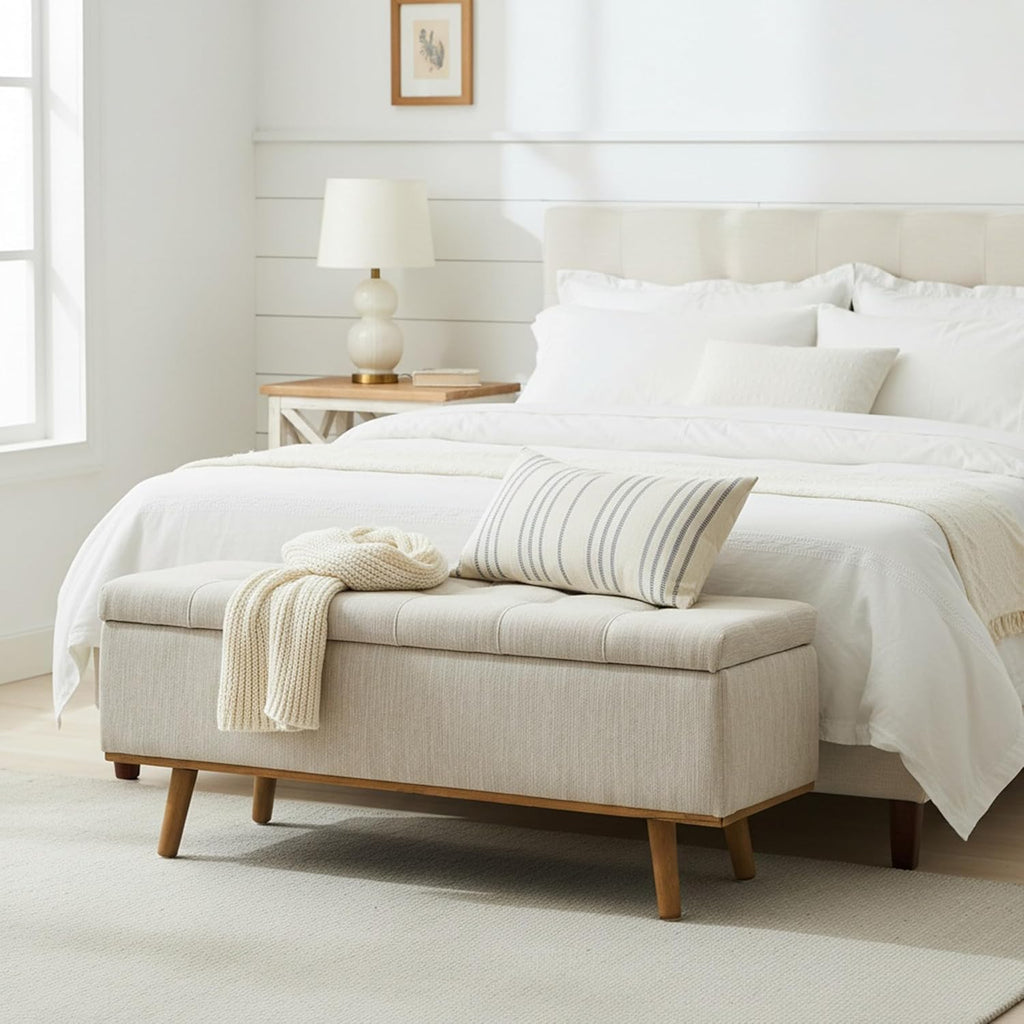 Storage Ottoman Bench, 45" End of Bed Bench, Beige