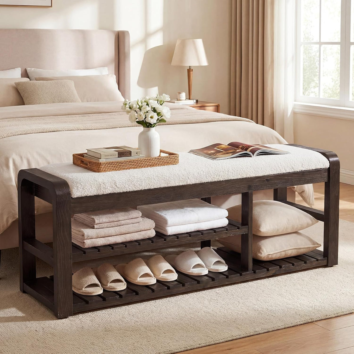 55" Shoe Storage Bench with Removable Cushion, 2-Tier Farmhouse Solid Wood Entryway Shoe Rack, End of Bed Storage Upholstered Bench for Hallway, Bedroom, Easy Assembly, Dark Brown