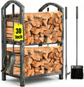 AMAGABELI GARDEN & HOME 30in Firewood Rack Indoor with Tools 5-Piece Fireplace Tools Set Wood Holder Outdoor Wrought Iron Log Holder Firewood Storage Rack for Fireplace,Wood Stove Antique Silver