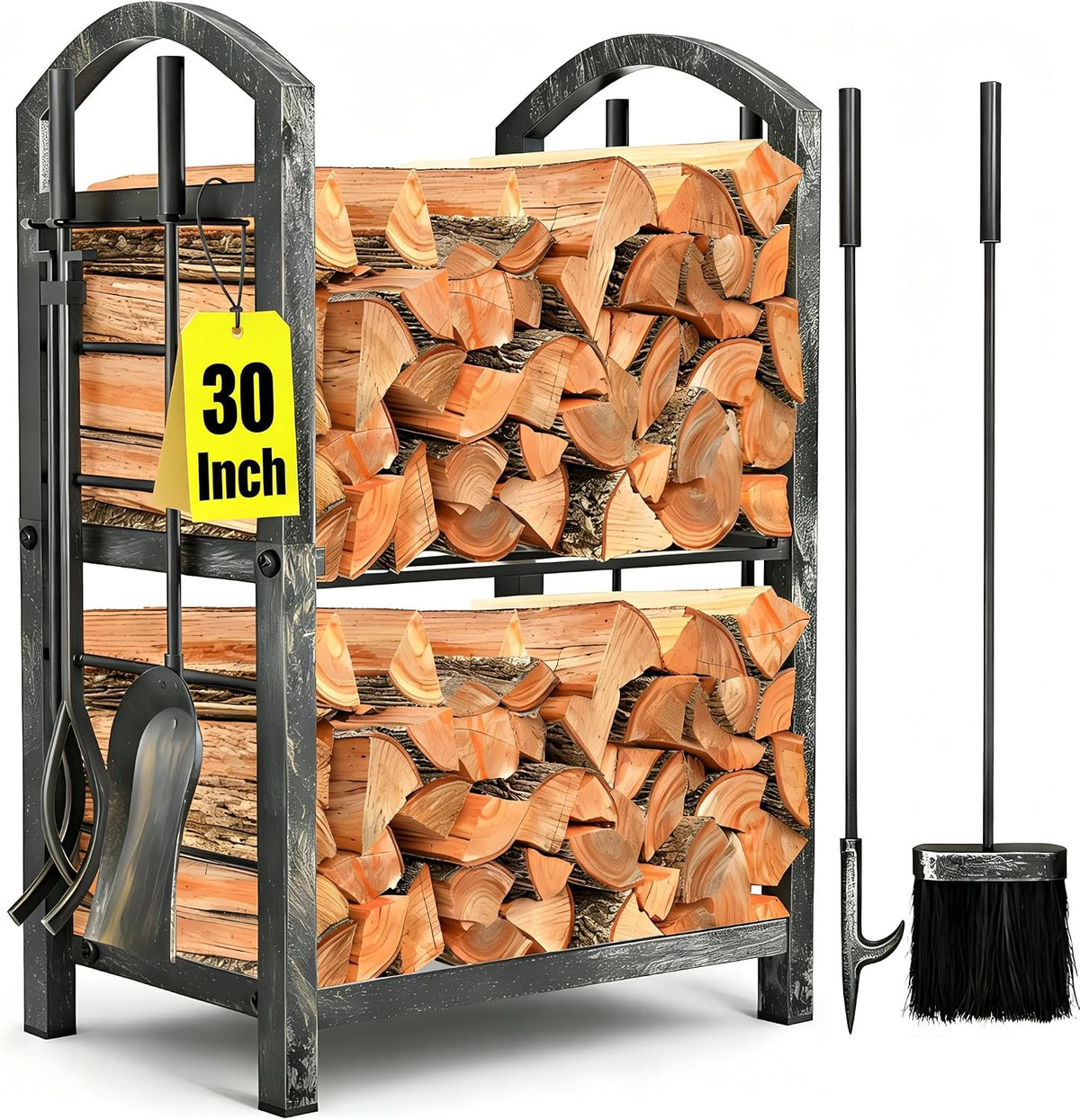 AMAGABELI GARDEN & HOME 30in Firewood Rack Indoor with Tools 5-Piece Fireplace Tools Set Wood Holder Outdoor Wrought Iron Log Holder Firewood Storage Rack for Fireplace,Wood Stove Antique Silver