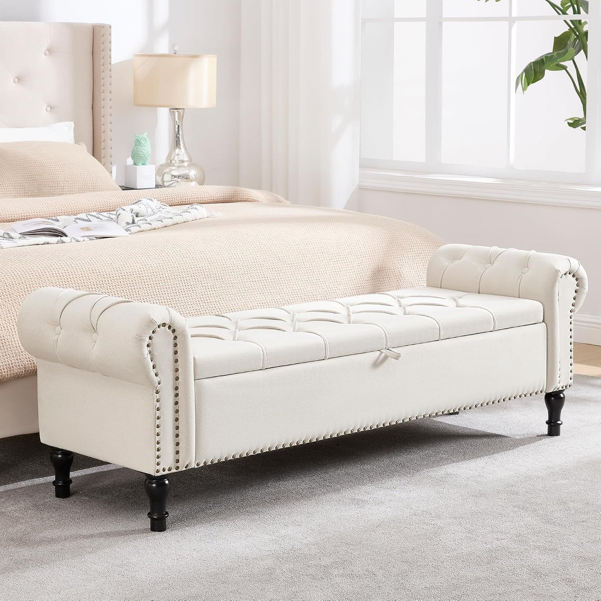 67 Inch Storage Bench for Bedroom, King Size End of Bed Bench, Upholstered Bench with Rolled Arms, Linen Tufted Button Storage Ottoman Benches, Living Room, Entryway, Cream Beige