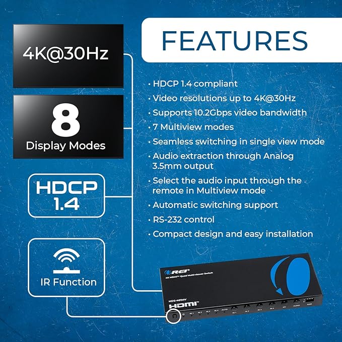 OREI Quad Multi HDMI Viewer 4 in 1 Out HDMI Switcher 4 Ports Seamless Switcher