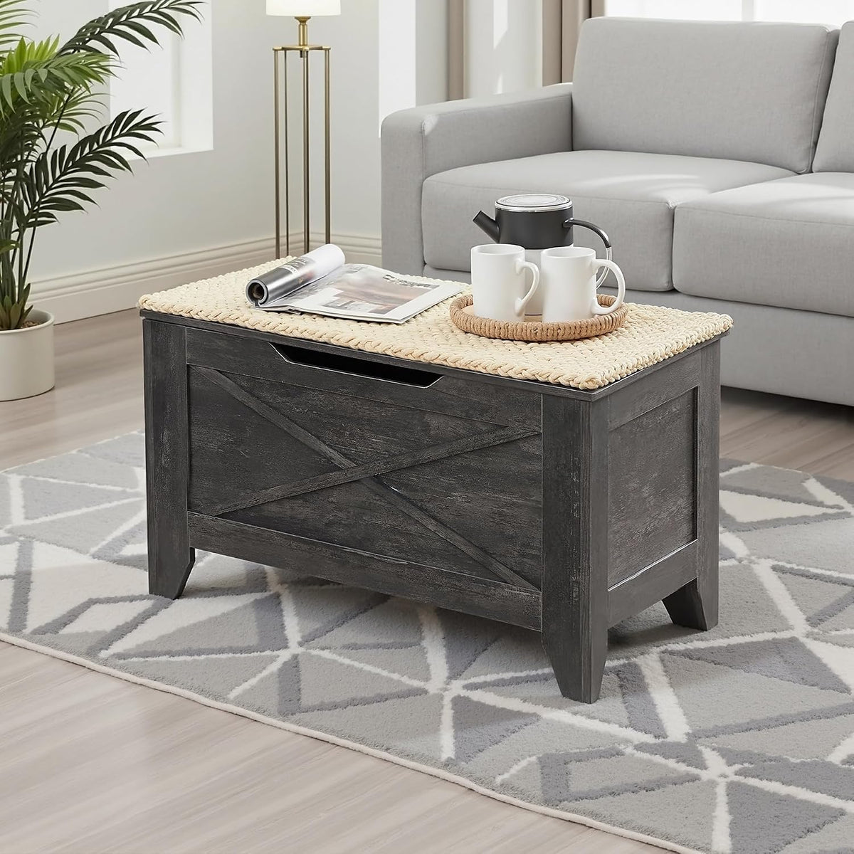 vecelo 30" storage bench, farmhouse entryway shoe ottoman, side view