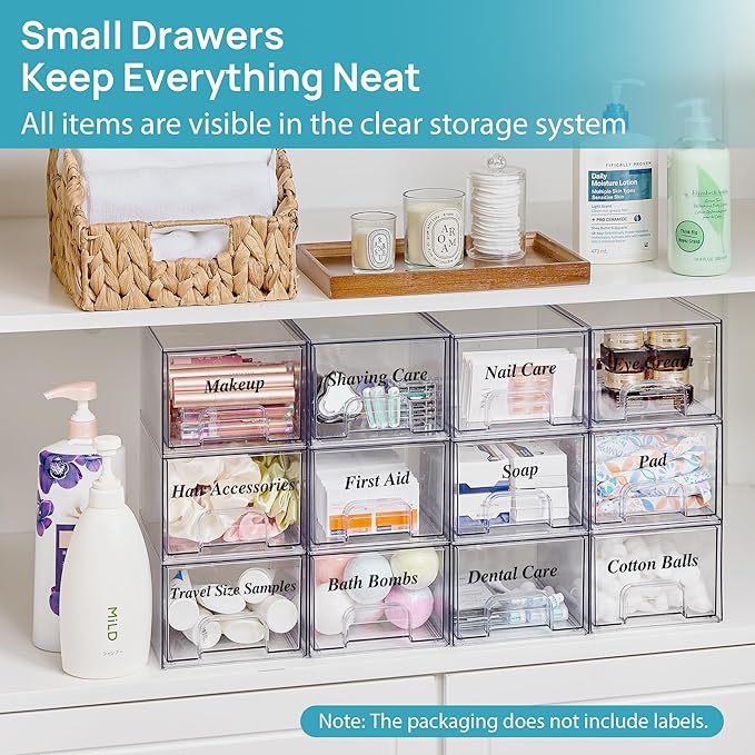 Vtopmart 6 Pack Small Clear Stackable Storage Drawers, Acrylic Bathroom Makeup
