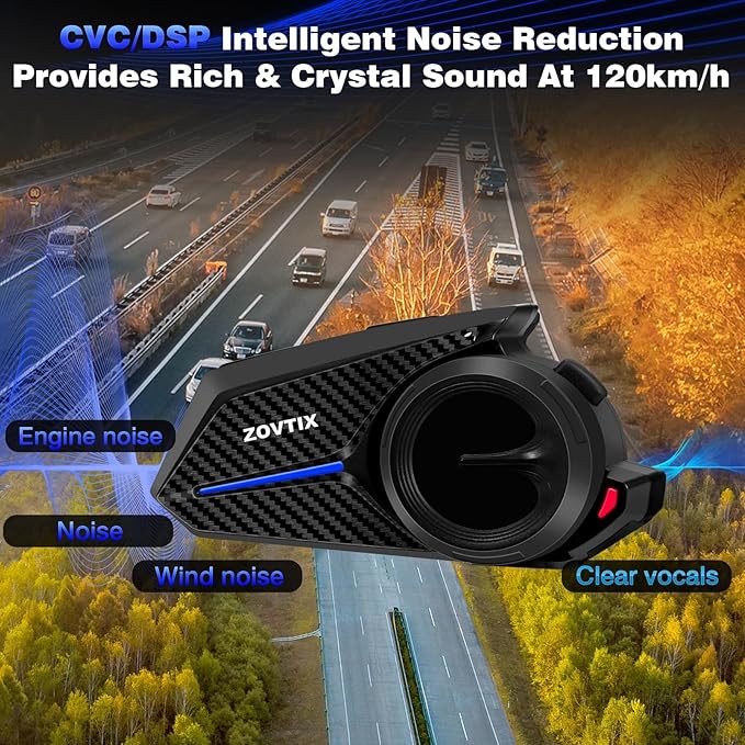 ZOVTIX Motorcycle Helmet Headset Support 8 Riders Group Intercom Communication