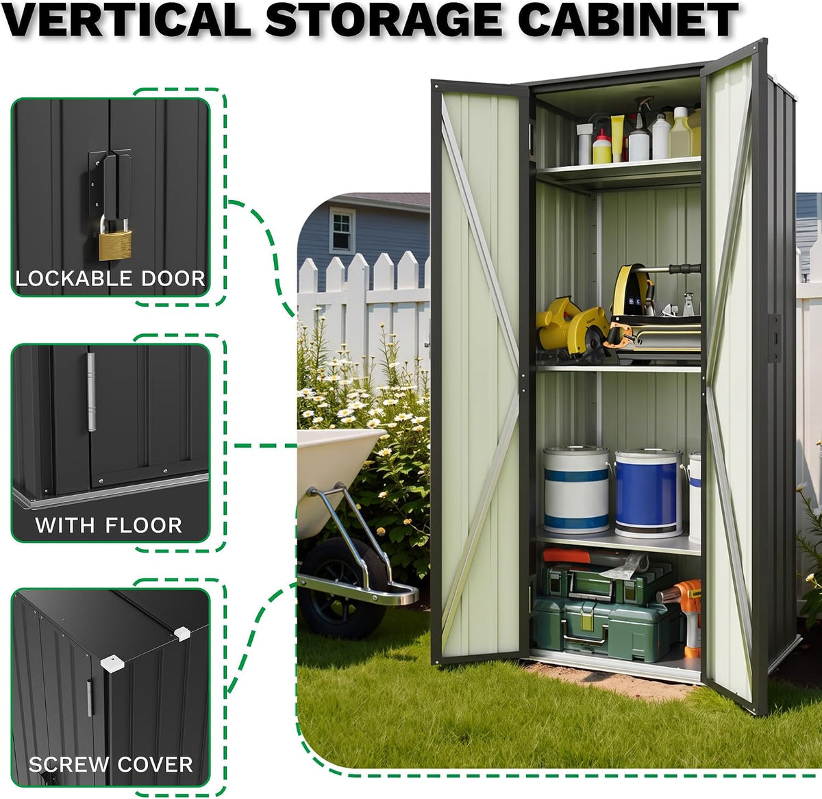 patiowell 28 cuft storage shed, outdoor metal storage, side view