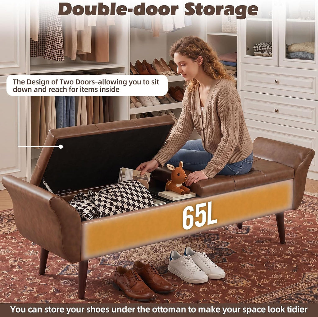 zzw storage ottoman bench 64’’ leather end of, close-up detail