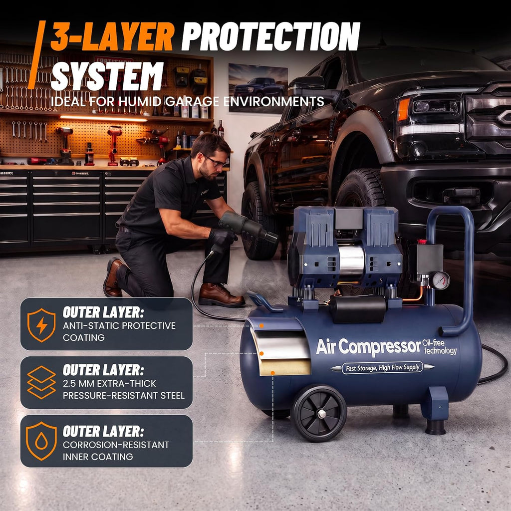 10 Gallon Quiet Oil-Free Air Compressor, Portable Air Compressor with 120 PSI Max Pressure, 5.26 CFM @ 90 PSI, Fast Recovery for Garage, Air Tools, Tire Inflation, Spray Painting & Woodworking