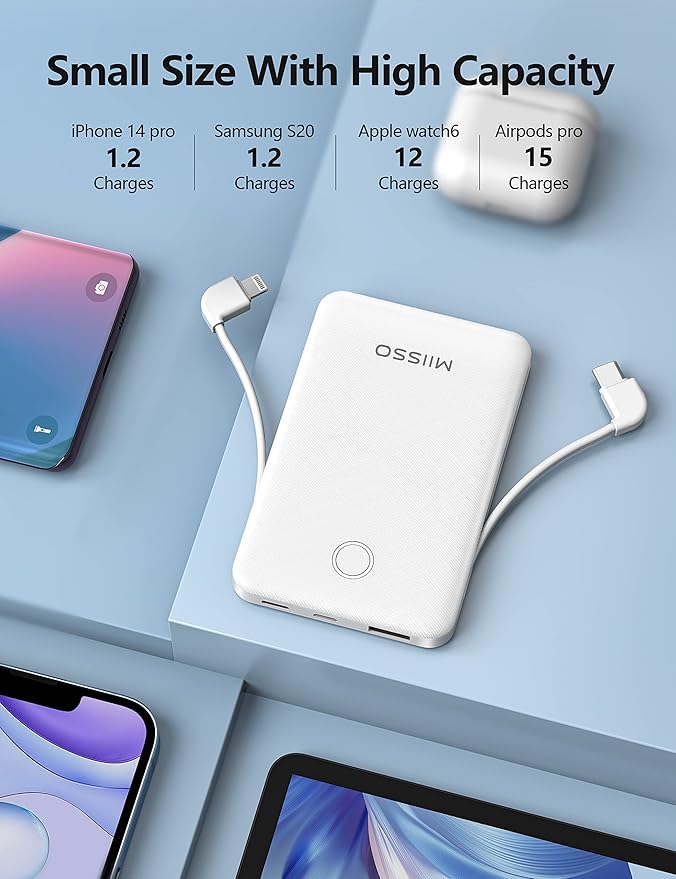 6000mah Ultra Slim Built in Cables Power Bank, Card Size Built in USB C Cords (2-Pack)
