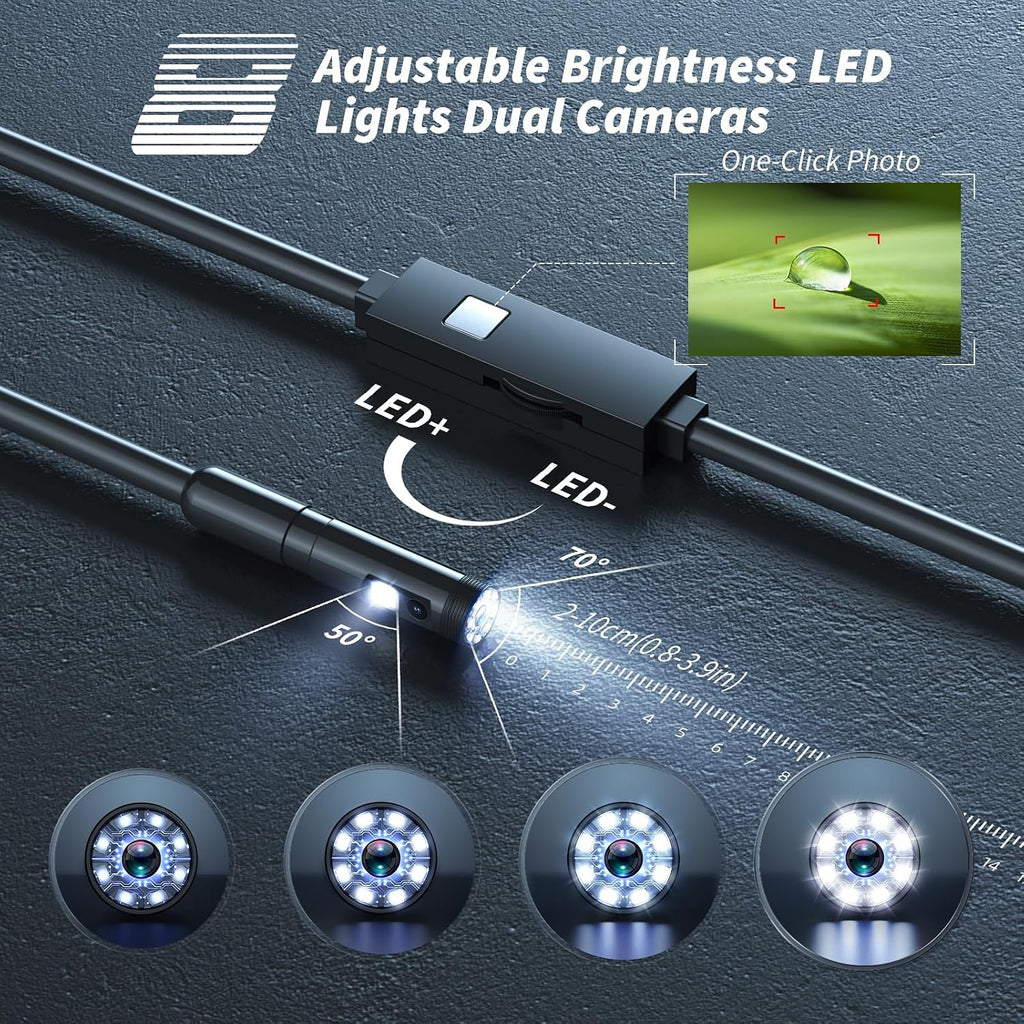 endoscope camera with light,1920p hd borescope tools with showing dimensions