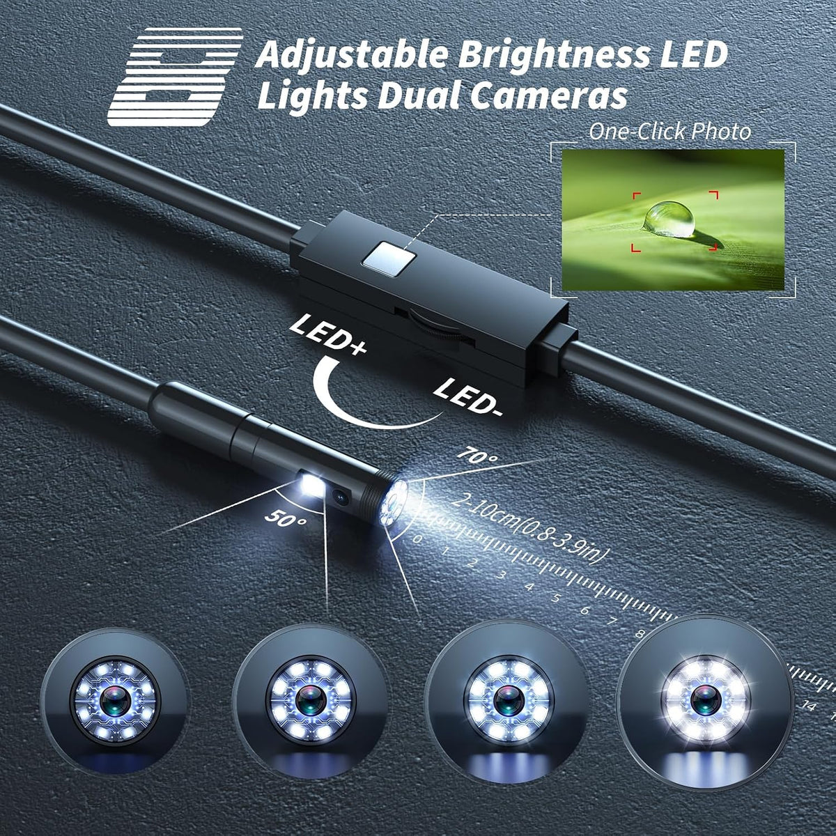 endoscope camera with light,1920p hd borescope tools with showing dimensions